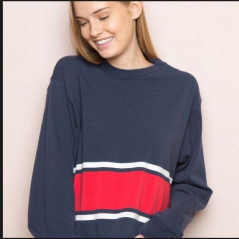 Navy blue cropped top with white and red stripes